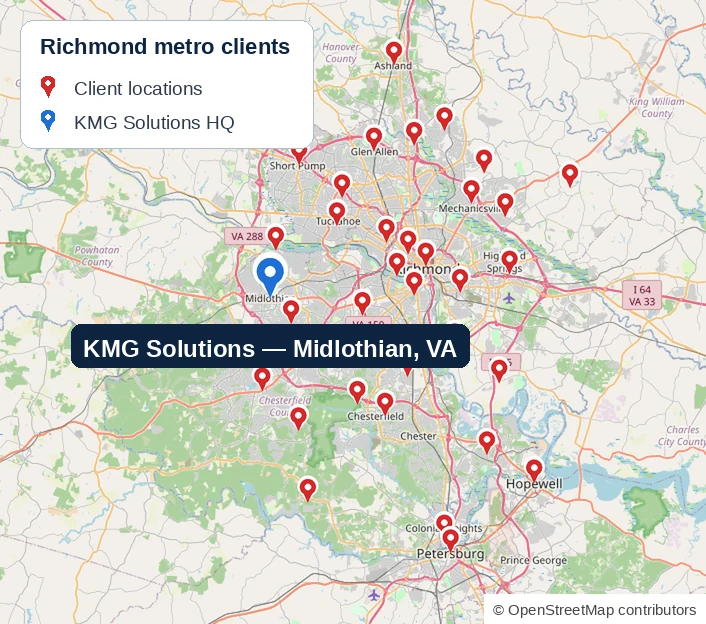 Map of KMG Solutions client locations across the Richmond metro area