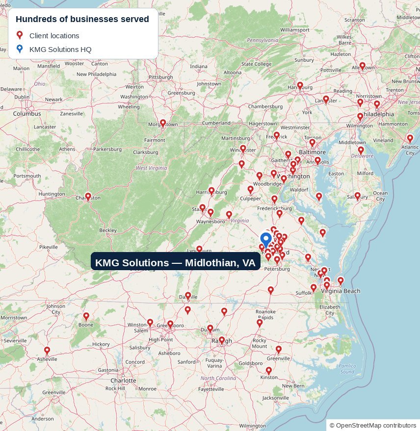 Map showing hundreds of KMG Solutions client locations across Virginia, Maryland, North Carolina, Pennsylvania, Delaware, West Virginia and New Jersey