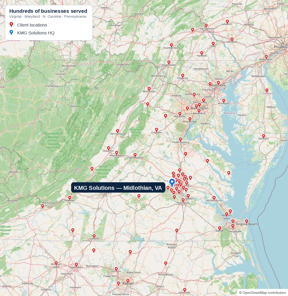Map showing hundreds of KMG Solutions client locations across Virginia, Maryland, North Carolina, Pennsylvania, Delaware, West Virginia and New Jersey